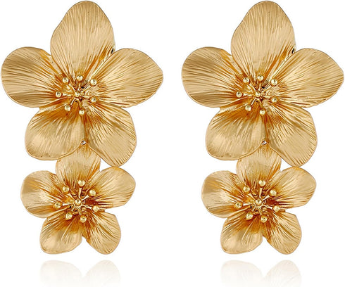 Gold Flower Earrings Double Flower Gold Statement Earrings for Women, Hypoallergenic Gold Floral Earrings Large Gold Earrings for Women Boho Jewel...