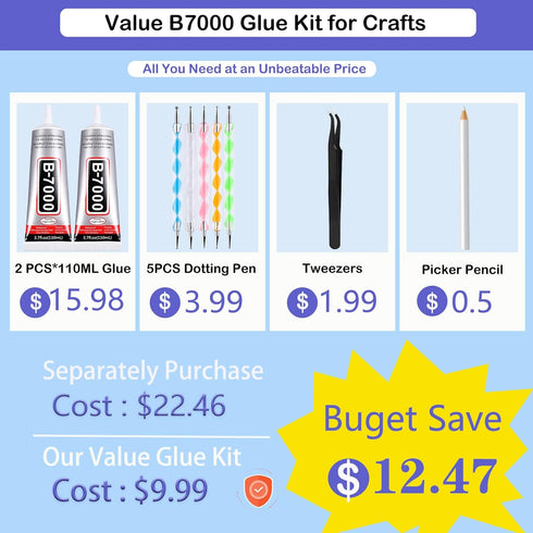 B7000 Adhesive Rhinestones Glue for Crafts, 2PCS 110ml / 3.7 fl oz B7000 Clear Glue with 5 Dotting Pen Tool, Wax Pencil and Tweezer, Jewelry Glue ...