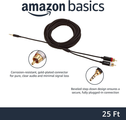 Amazon Basics 3.5 Aux to 2 x RCA Adapters, Audio Cable for Amplifiers, Active Speakers with Gold-Plated Plugs, 25 Feet/7.6 m, Black...