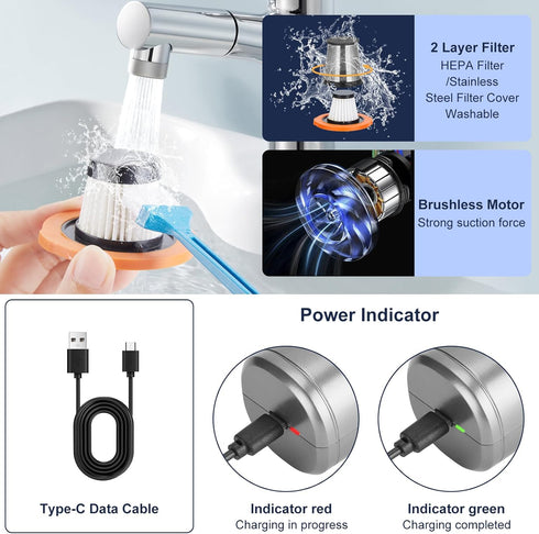 WADEO Handheld Vacuum, Cordless High Power 15000PA, 3in1 Blower, Brushless Motor, Mini Vacuum for Home, Pet & Office, Silver, Handheld Vacuum Clea...