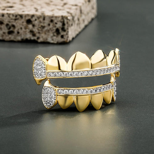 TOPGRILLZ 14K Gold Plated Iced Out CZ Top and Bottom Vampire Fangs Werewolf Grillz for Your Teeth Hip Hop Halloween Accessory...