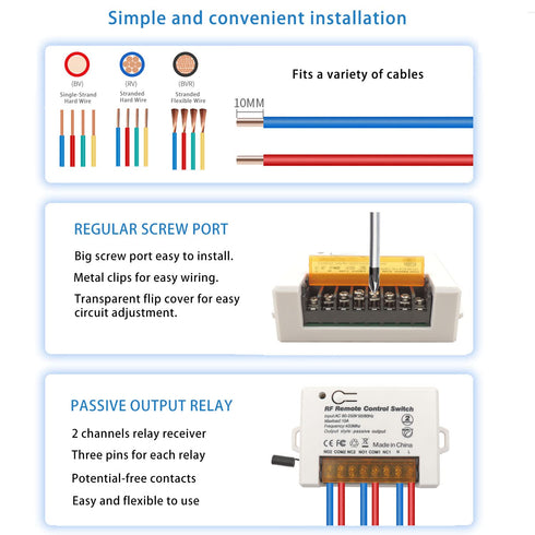DieseRC 2 Channels Wireless Relay Remote Control Switch 433Mhz RF AC 110V 120V 220V 240V 10A Relay Receiver with 2 Transmitters Keyfob, Big Termin...