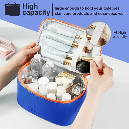 Makeup Bag Portable Travel Cosmetic Bag for Women, Beauty Zipper Makeup Organizer PU Leather Washable Waterproof (Blue)...