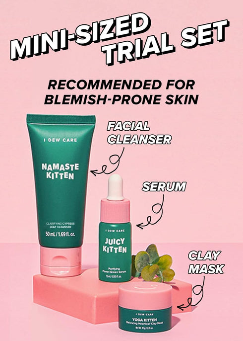 I Dew Care Skincare Set - Kitten My Balance On | With Kaolin, Heartleaf Extract, Foam Cleanser, Wash-off Mask, Serum For Blemish Skin, Gift, Trave...