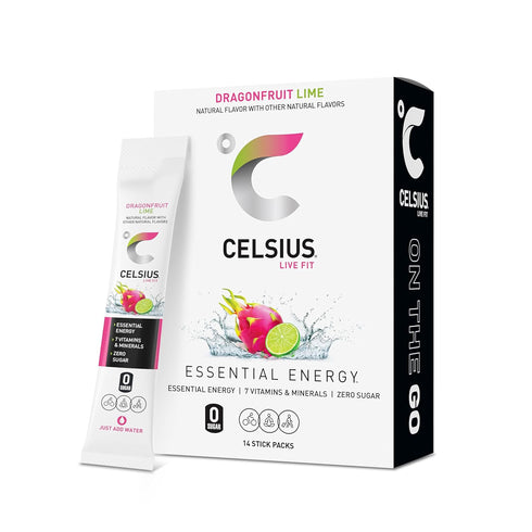 CELSIUS® On-the-Go Powder Sticks Dragonfruit Lime, Essential Energy 2.8 Oz (14 Sticks per Pack)...