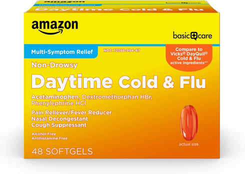 Amazon Basic Care Daytime Cold and Flu Relief Liquid Caps Softgel, Non-Drowsy Cold Medicine, Relief of Pain, Fever, Cough, Sore Throat, Nasal Cong...