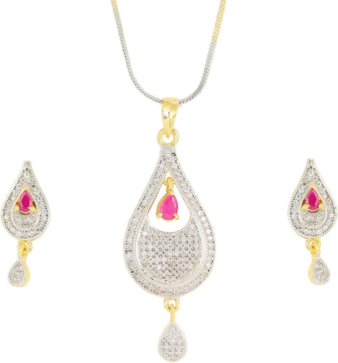 Touchstone Hollywood Glamour Cubic Zirconia CZs pear shape red faux ruby studded micron setting designer jewelry pendant set for women in gold and...