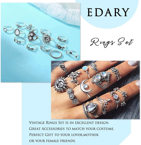 Edary Vintage Ring Set Carved Knuckle Rings Crystal Gemstone Stackable Rings Finger Mid Ring Set for Women...