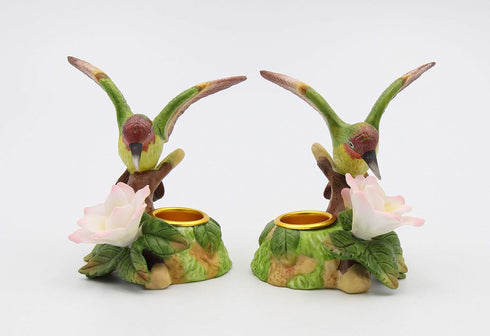 Fine Porcelain Hummingbird with Apple Cherry Blossom Flowers Taper Candle Holder Pair Figurine, 3-5/8" H...