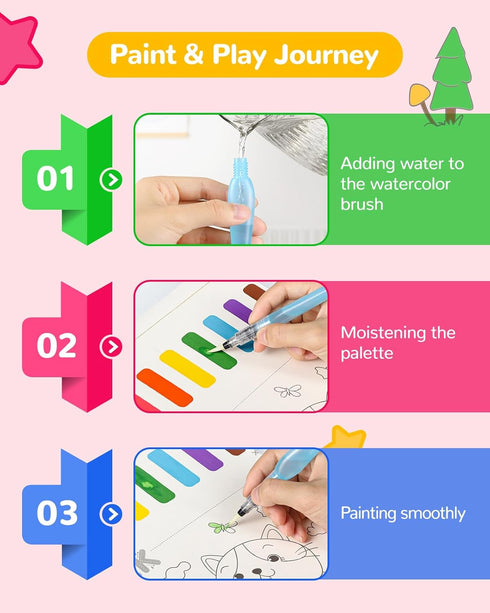 TECJOE Paint with Water Coloring Books for Toddlers, 26 Pages A to Z Animal Watercolor Paint Set with 3 Brushes, Mess Free Watercolor Painting Kit...