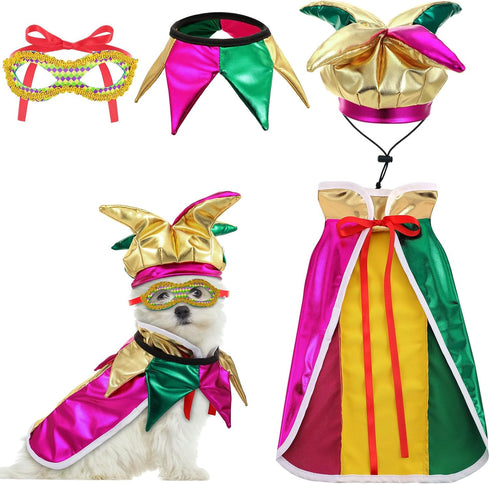 4 Pcs Mardi Gras Dog Costume Mardi Gras Clown Jester High Collar Cape Pet Accessories Set Golden Green Purple Dog Dress up with Mardi Gras Mask Co...