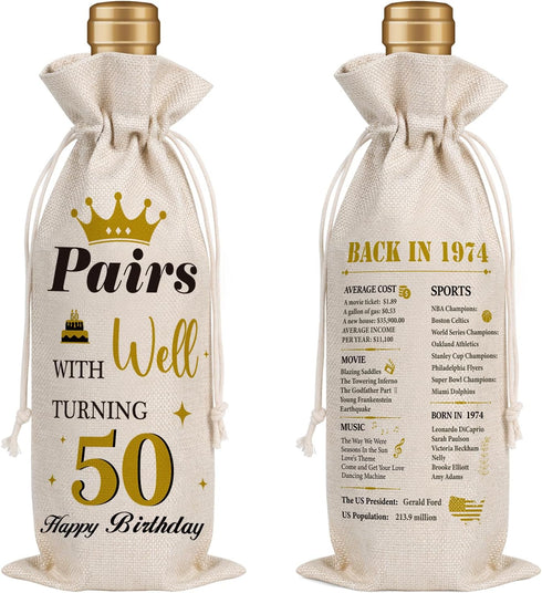 Wxiben 50th Birthday Wine Bags - 1pcs 1974 Wine Gifts for Women Men 50 Year Old Burlap Wine Gift Bag Over the Hill 50th Birthday Party Decorations...