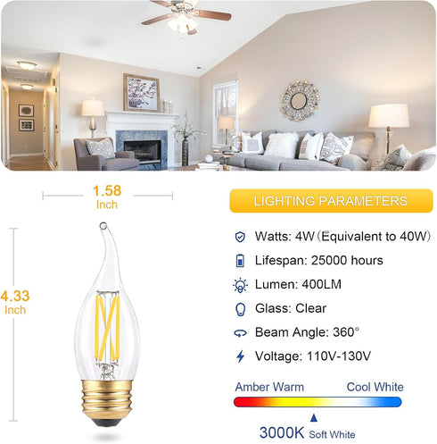 Candelabra Led Light Bulbs Dimmable, E26 Led Bulb 40 Watt Equivalent, 4W CA10 Flame Tip Chandelier Light Bulbs, 3000K Soft Warm White Candle Light...