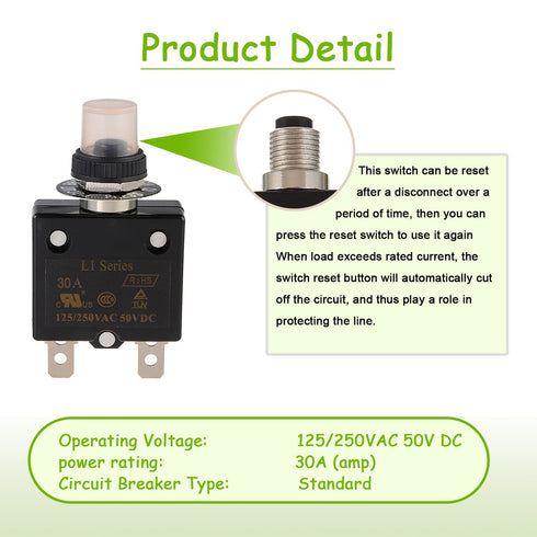 30A Manual Reset Push Button Circuit Breaker 125/250V AC 50V DC Thermal Overload Protector with Quick Connect Terminals and Waterproof Button Caps...