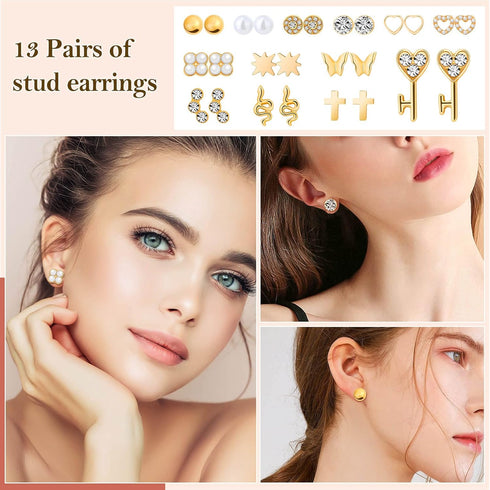 Thrilez 60 Pairs of Earrings for Women, Hypoallergenic Earring Set for Teen Girls Include Chunky Hoops, Huggie Earrings, Dangle Earrings, Pearl Ea...