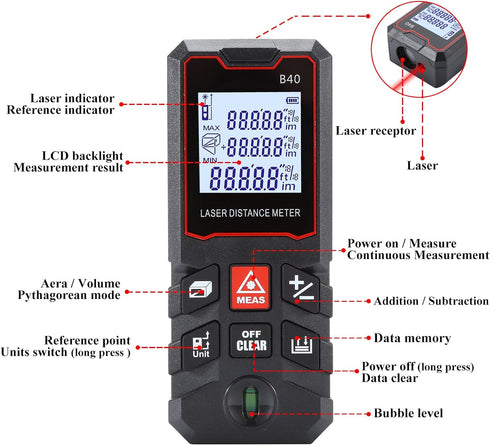 Laser Measure 131Ft, Ft/in/M Unit Switch Digital Laser Tape Measure with Bubble Level Laser Measurement Tool,LCD Backlit Laser Distance Measure Py...