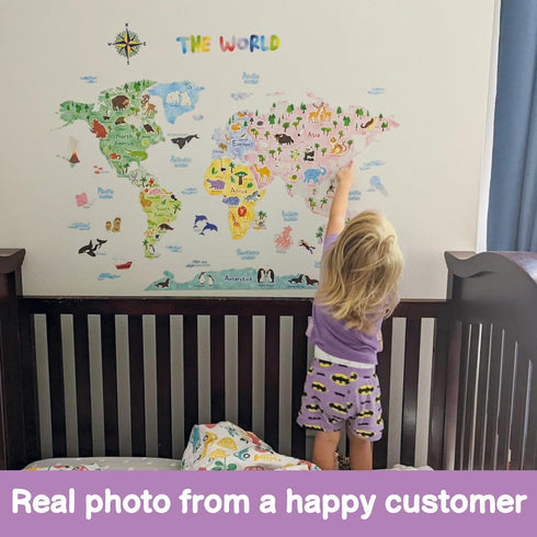 DECOWALL SG2-1615S Animal World Map Kids Wall Decals Wall Stickers Peel and Stick Removable Wall Stickers for Kids Nursery Bedroom Living Room (La...