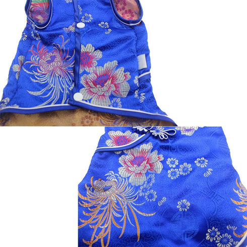 SEIS Pet Costume Tang Suit Dog Cheongsam Satin Clothes Chinese Style Clothing for Dogs Pet Skirt Puppy Cats Dress Dog Vest Tshirt (Blue, S)...