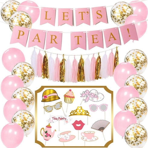 Tea Party Decorations Kit | "Lets Par Tea!" Banner | Tea Party Photobooth Props | Gold, Pink, White Tassels | 10 Gold Confetti Balloons 10 Light P...