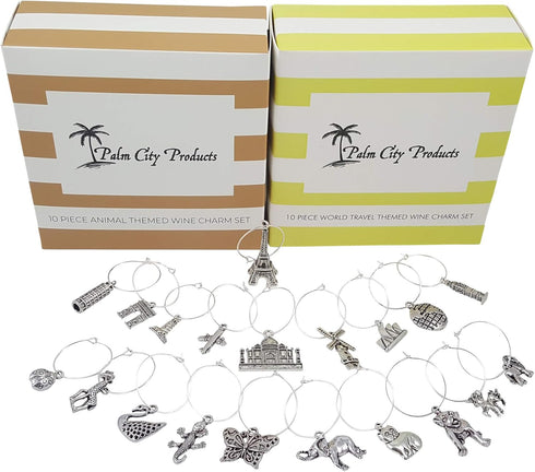 Travel & Animal Themed Wine Charm Gift Set with 20 Beautiful Wine Charms...