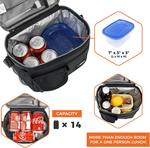 opux Insulated Lunch Bag for Men Women, Leakproof Black Lunch Box for Work, Portable Soft Lunch Cooler Bag with Shoulder Strap, Adult Lunchbox Lun...