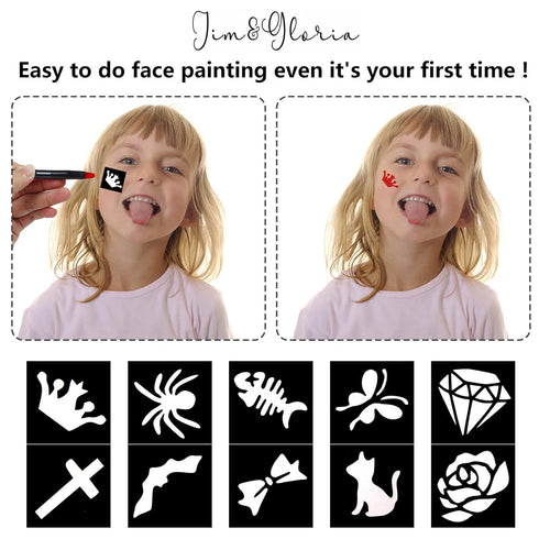 Jim&Gloria Face Paint Makeup Kit 8 Large Pens with Stencils Face Painting Tattoo Washable Body Markers Skin Safe Eyeblack Stick Baseball Sports Ha...