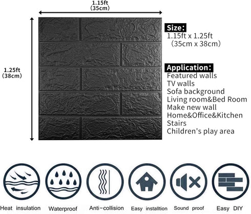 10 PCS Black 3D Wall Panels, 14.5 sq.feet Coverage, Printable Wallpaper Sticker with Self-Adhesive Waterproof Brick PE Foam Wall Panels Peel and S...
