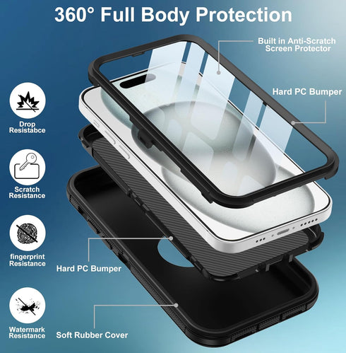 for iPhone 15 Case, with Built in Screen Protector Heavy Duty Drop Protection,Full Body 3 Layer Rugged Shockproof Dust Proof Tough Protective Phon...