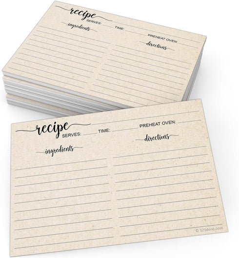 321Done Recipe Cards, Made in USA - 4x6 Tan, Simple Script, Double-Sided Thick Cardstock, Cute Vintage Rustic Kraft Look for Bridal Shower Wedding...