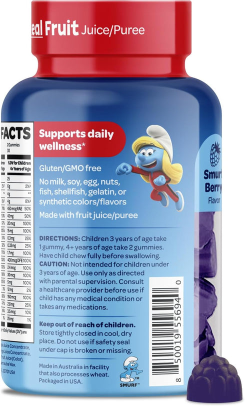 The Smurfs Kids Multivitamin Gummies with 15 Daily Vitamins and Minerals for Growth & Development | Made with Real Fruit in a Smurf Berry | Delici...