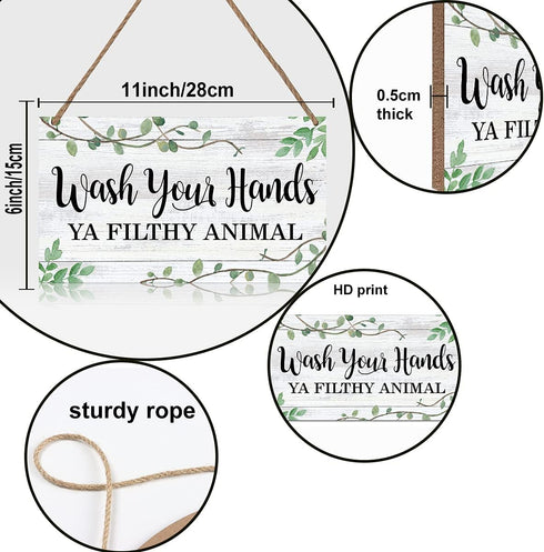 LHIUEM Wash Your Hands Ya Filthy Animal Sign,Funny Bathroom Wooden Hanging Wall Art, Green Plant Wood Plaques For Kitchen Toilet Home Decor(6''x 1...