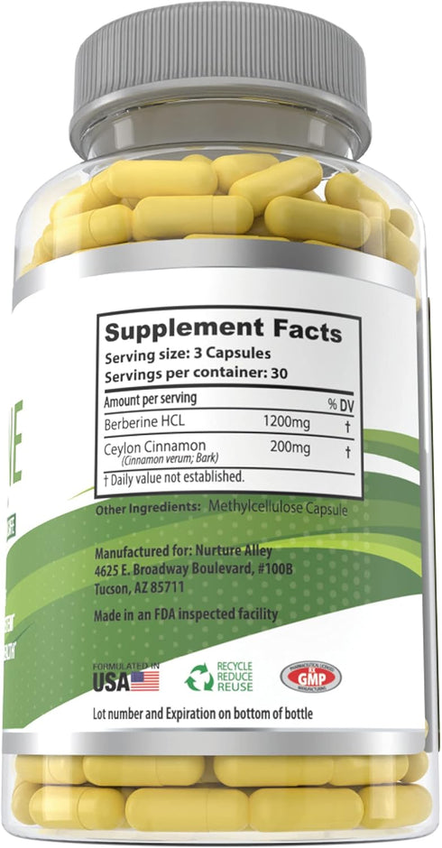 Berberine Complex - Berberine HCL 1200mg Plus Organic Ceylon Cinnamon 200mg - 90 Capsules - Supports Metabolism, Immune System - Berberine HCI Sup...
