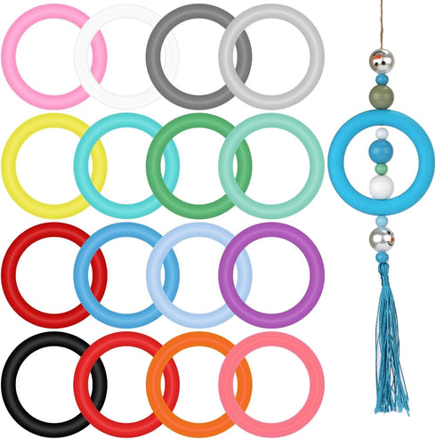 16pcs Silicone Beadable O Rings, 65mm Silicone Beads Ring Round Silicone Loop with 2 Holes Focal Frame Silicone Pendant for Jewelry Making DIY Cra...