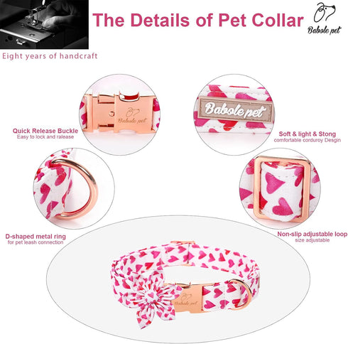 Valentine's Day Dog Collar with Flower Tie, White Red Love Male Dog Collar with Safety Metal Buckle Adjustable Puppy Collars for Small Medium Larg...