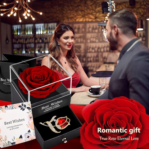 Preserved Red Rose Gift Box- Enchanted Real Rose with Ruby Rose brooch, Eternal Rose Flower in Jewelry Box, Handmade Rose,Forever Red Rose Gift fo...