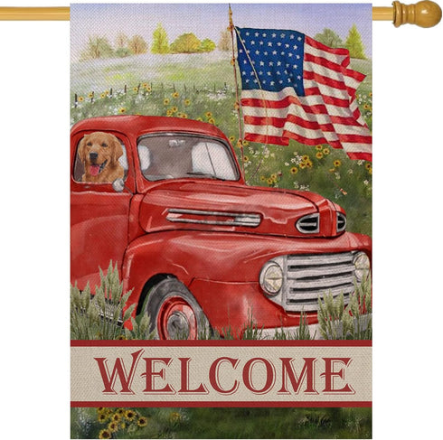 Welcome Summer American Red Truck 4th of July Decorative House Flag, Garden Yard Lawn Patriotic America Dog Outside Decor, USA Spring Home Outdoor...