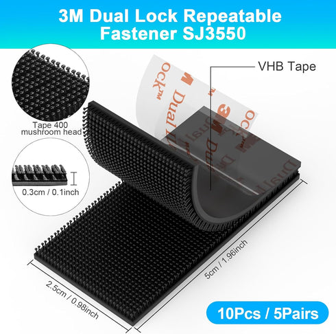 Dual Lock Fastener 1in x 2in Heavy Duty Mounting Tape, 10PCS Reclosable Self Mating Fastener SJ3550 400 Black for Indoor/Outdoor...