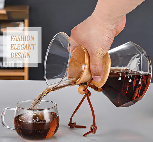 Pour Over Coffee Maker with Reusable Stainless Steel Drip Filter, Lead-Free Borosilicate Glass Coffee Carafe with Modern Wooden Collar for 1-2Cup,...