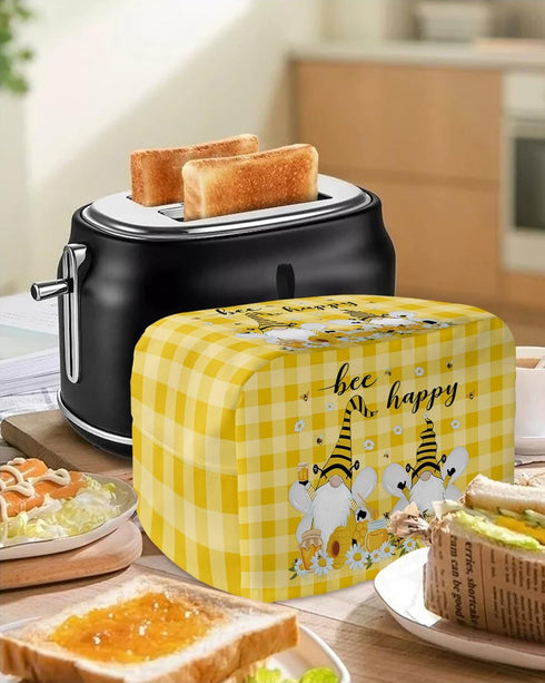 Toaster Cover 2 Slice, Bee Honey Gnomes Daisy Flower on Yellow White Buffalo Plaid Bread Maker Cover Toaster Dust Cover with Pockets, Dust-Proof C...
