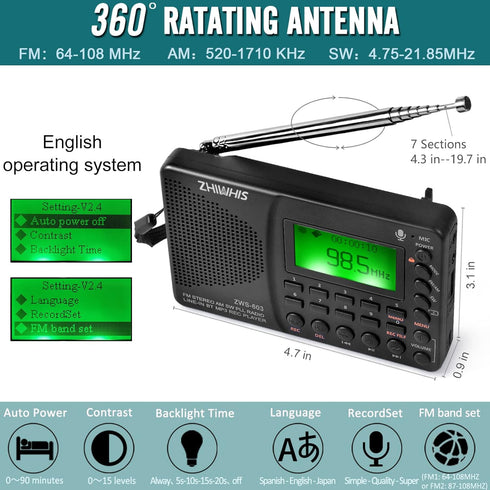 ZHIWHIS Portable Bluetooth Radio, FM AM Shortwave Radios with Sleep Timer and Preset Function, Rechargeable Digital Recorder, Stereo MP3 Player wi...