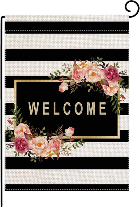 Personalized Floral Garden Flag,Welcome Flag,Welcome Friends,Farmhouse Decor,Yard Decor,Outdoor Decor,Black and White Stripes Garden Flag 12.5 X 1...