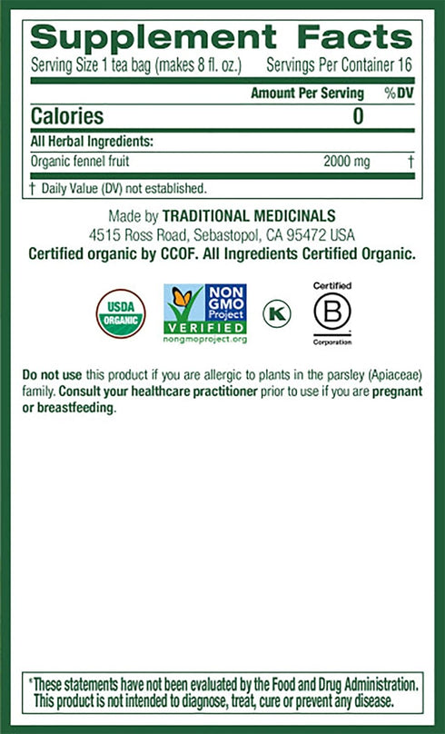 Traditional Medicinals Organic Fennel Herbal Tea, Promotes Digestive Health, (Pack of 2) 32 Tea Bags Total...