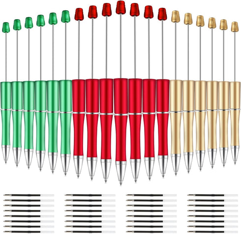 Whaline 24Pcs Red Green Gold Beadable Pen 3 Colors Bead Ballpoint Pen Gel Ink Pen Retractable Writing Pens Beaded Crafting Pens with Extra Refills...