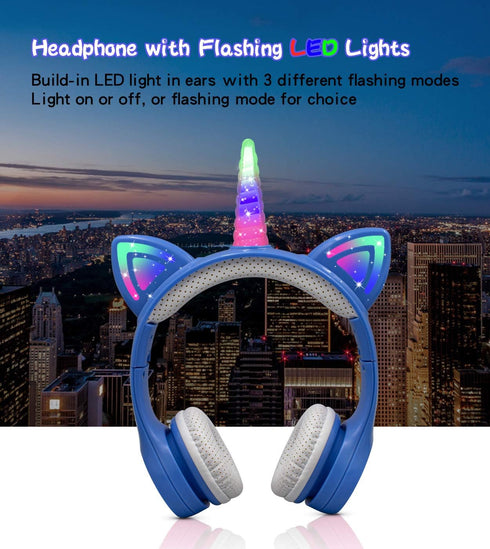 Unicorn Kids Bluetooth Headphones,15 Hours Play time, Toddler Bluetooth Headphones for Girls Boys Laptop Phones,Led Light Up Kids Wireless Headpho...