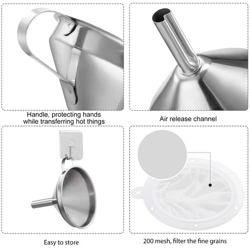 5-Inch Premium Stainless Steel Funnel with 200 Mesh Food Strainer, Kitchen Funnel for Bottles...