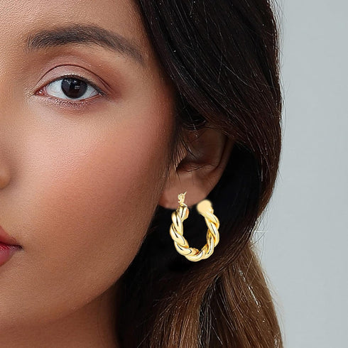 14K Gold Hoop Earrings for Women, Hypoallergenic Chunky Gold Hoop Earrings Multipack, Lightweight Twisted Huggie Hoops Earring Set Jewelry for Gif...