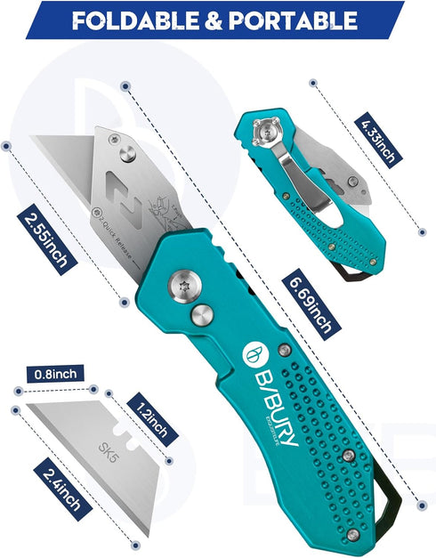BIBURY Utility Knife, Heavy Duty Folding Box Cutter, Pocket Carpet Cutter Knife with 10 Extra SK5 Stainless Steel Blades, Easy Release Button, Bel...