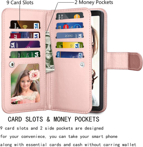 Njjex Luxury Wallet Case for Galaxy Note 9 - PU Leather, 9 Card Slots, Detachable, Kickstand, Magnetic Phone Cover with Wrist Strap - Rose Gold...