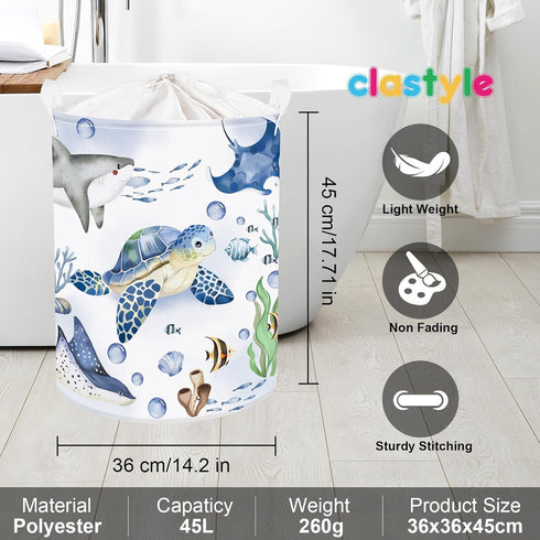 Clastyle 45L Large Blue Sea Animals Turtle Kid Laundry Hamper with Handle Collapsible Whale Shark Clothes Toy Storage Basket with Lid for Nursery...