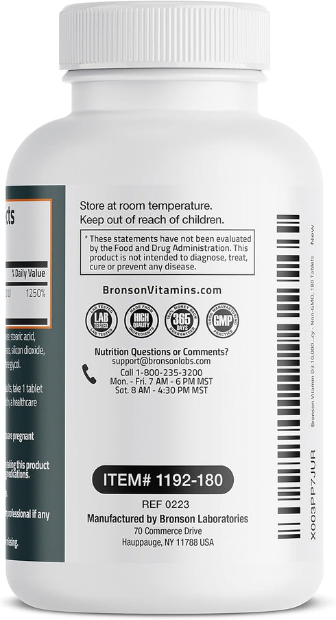 Bronson Vitamin D3 10,000 IU (250 MCG) for Healthy Muscle Function and Immune Support, Non-GMO, 180 Tablets...